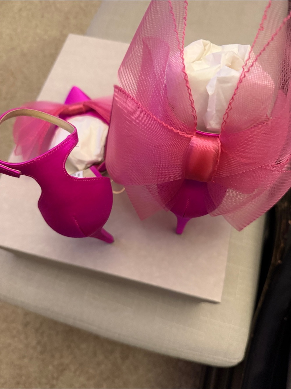 Jimmy Choo Hot Pink Satin Pointed-Toe Bow Ankle-Strap Heels - Picture 3 of 7